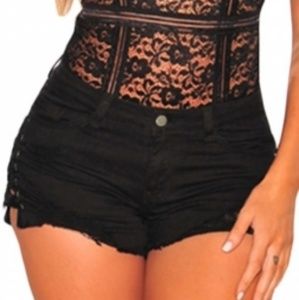 Black denim ripped lace up sides high waist shorts